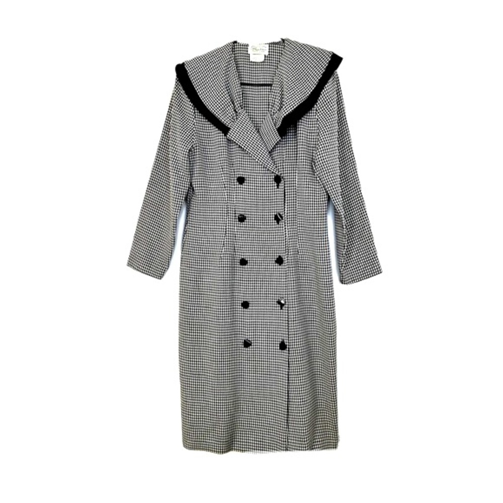 Vintage 80s Houndstooth Coatdress Midi Woven Oversized Collar Double Breasted M
